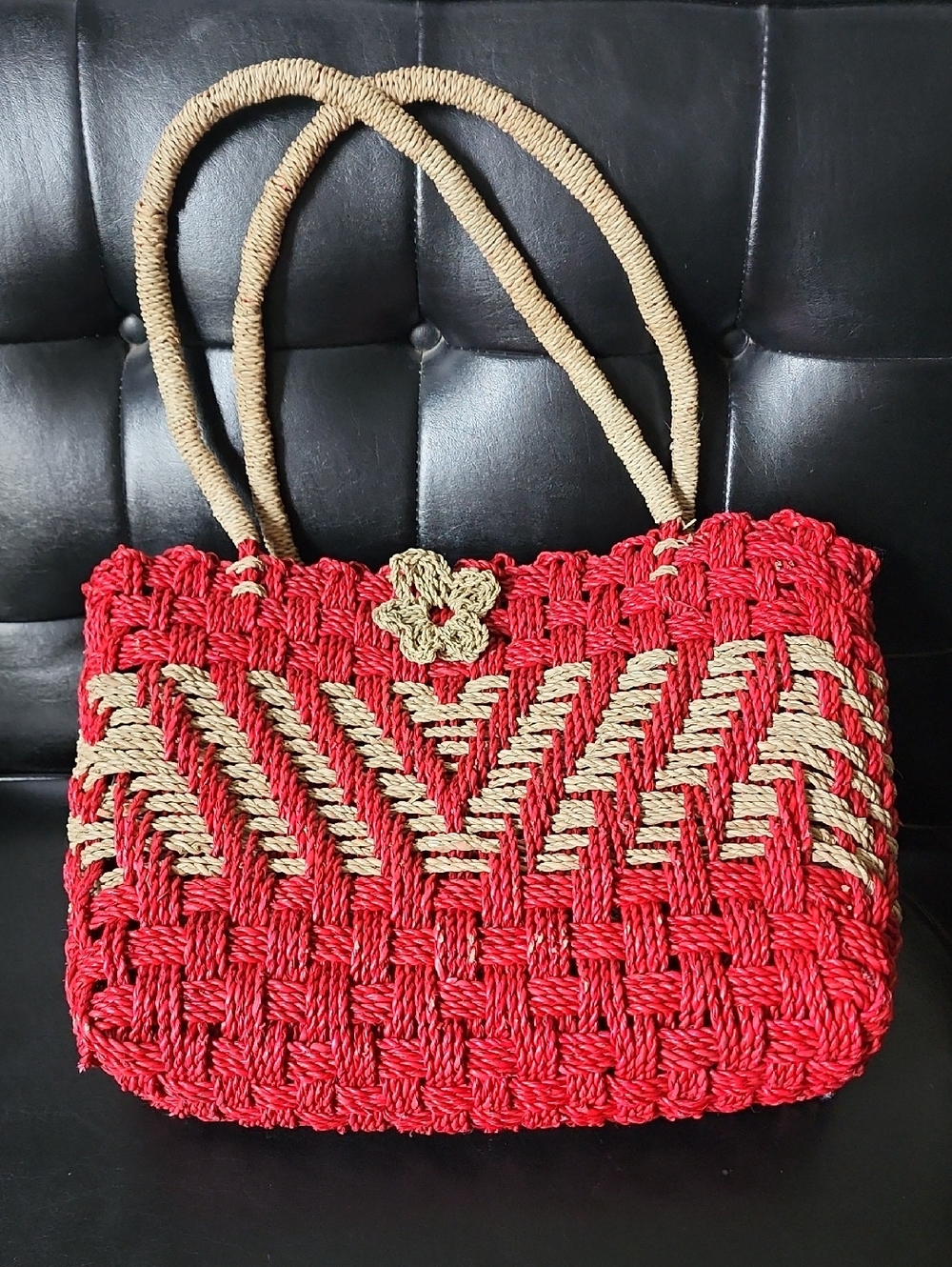 Macrame Market Tote Bag Red Tan Chevron Woven Boho Beach Coastal Shoulder Purse